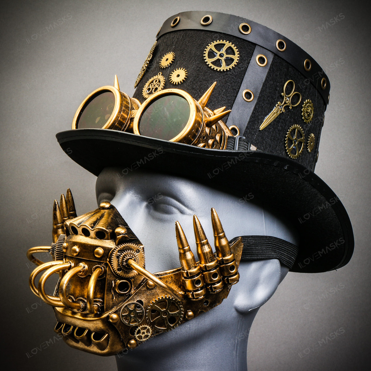 Black Steampunk Spike Goggle Top Hat w/ Gold Robot Mask Halloween Party  Costume