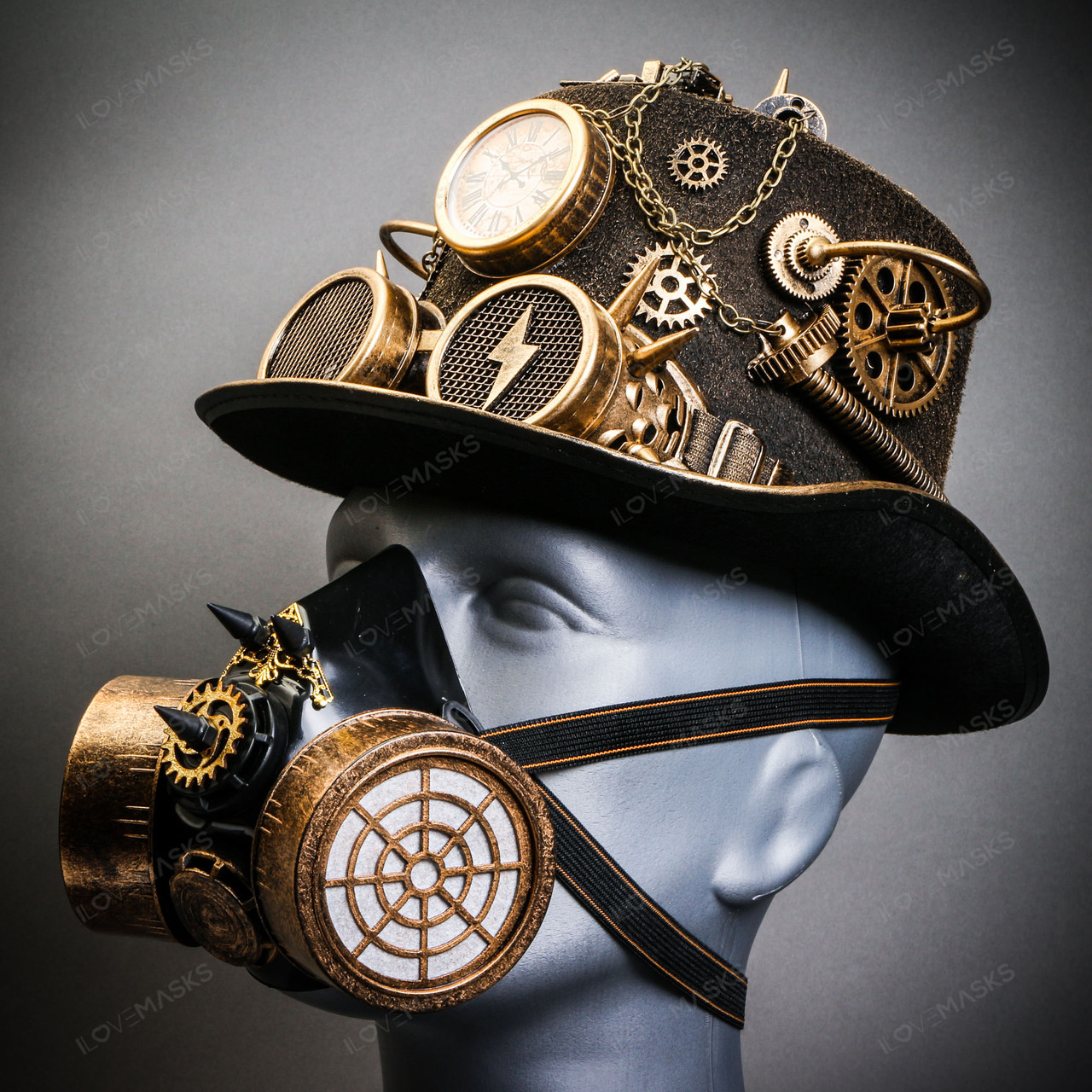 Gold Steampunk Lightning Goggle Top Hat w/ Gold Gas Mask Halloween Costume
