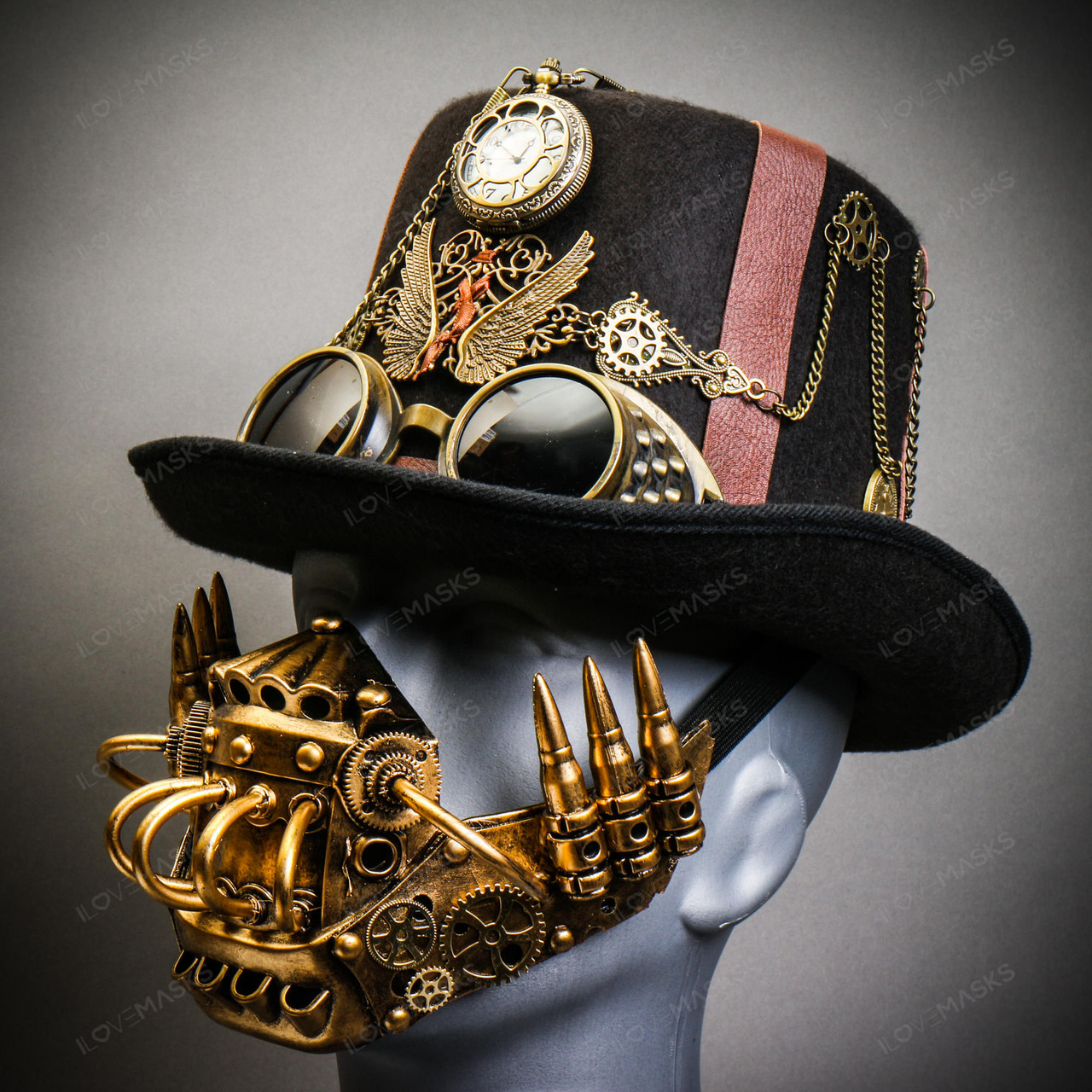 Black Pocket Watch Steampunk Top Hat w/ Gold Robot Mask Halloween Costume