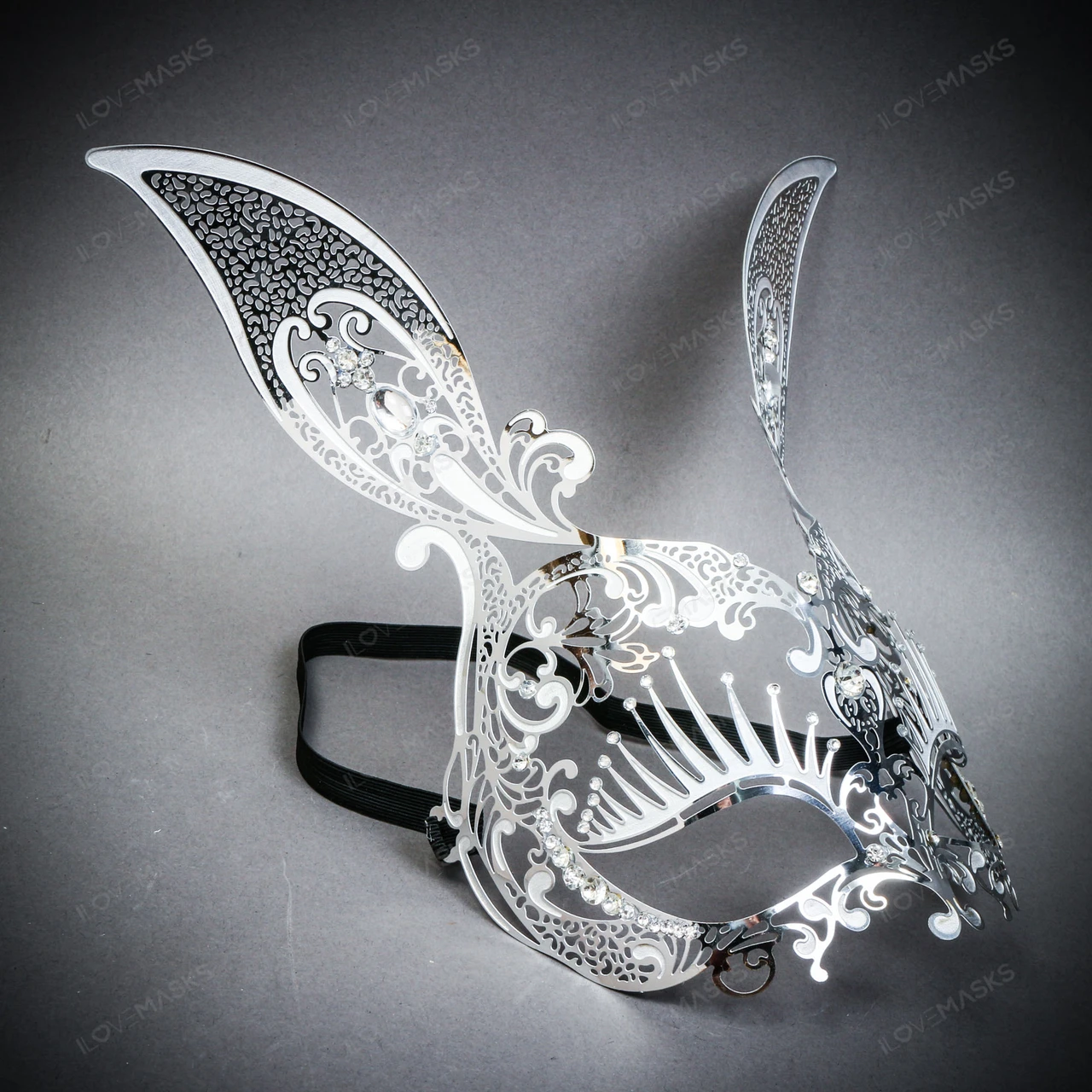 Bunny Rabbit Metal Laser Cut Silver Rhinestones Masquerade Mask - Silver