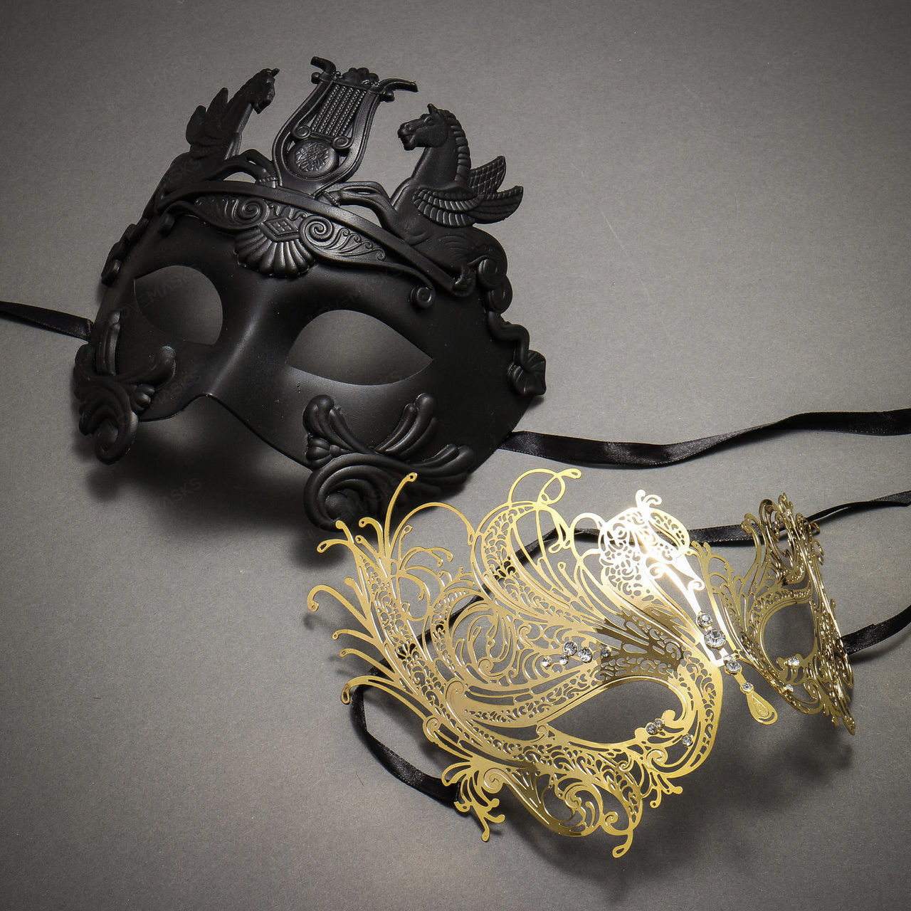 Black Roman Greek Emperor with Pegasus Horses Venetian Mask & Gold