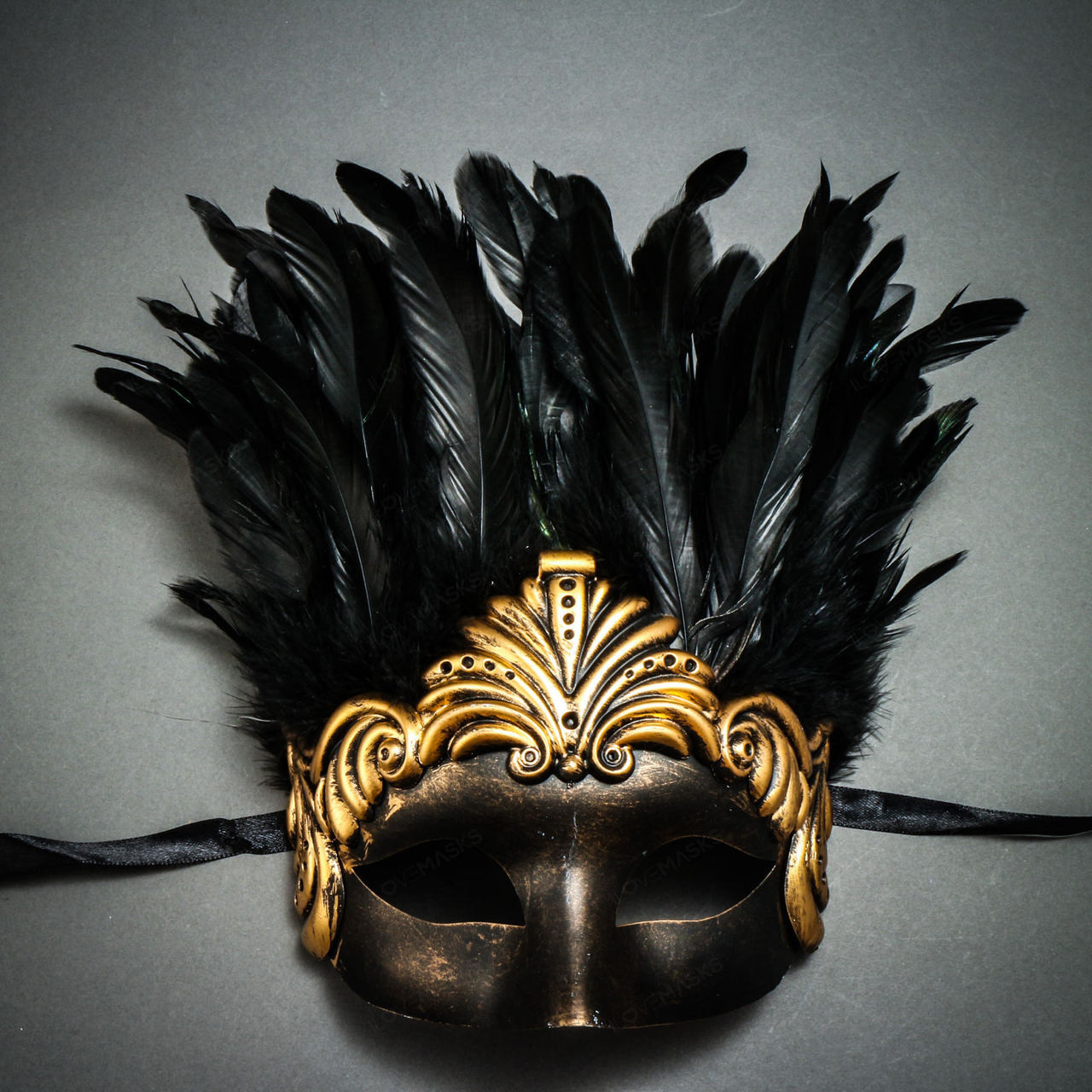 Ancient Party Masquerade Feather Mask Black Gold