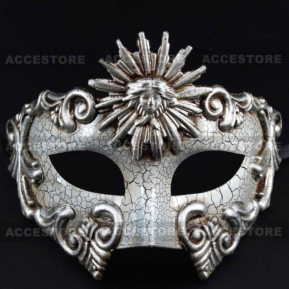 Warrior Roman Greek Sun Venetian Masquerade Cracked Mask - White Silver