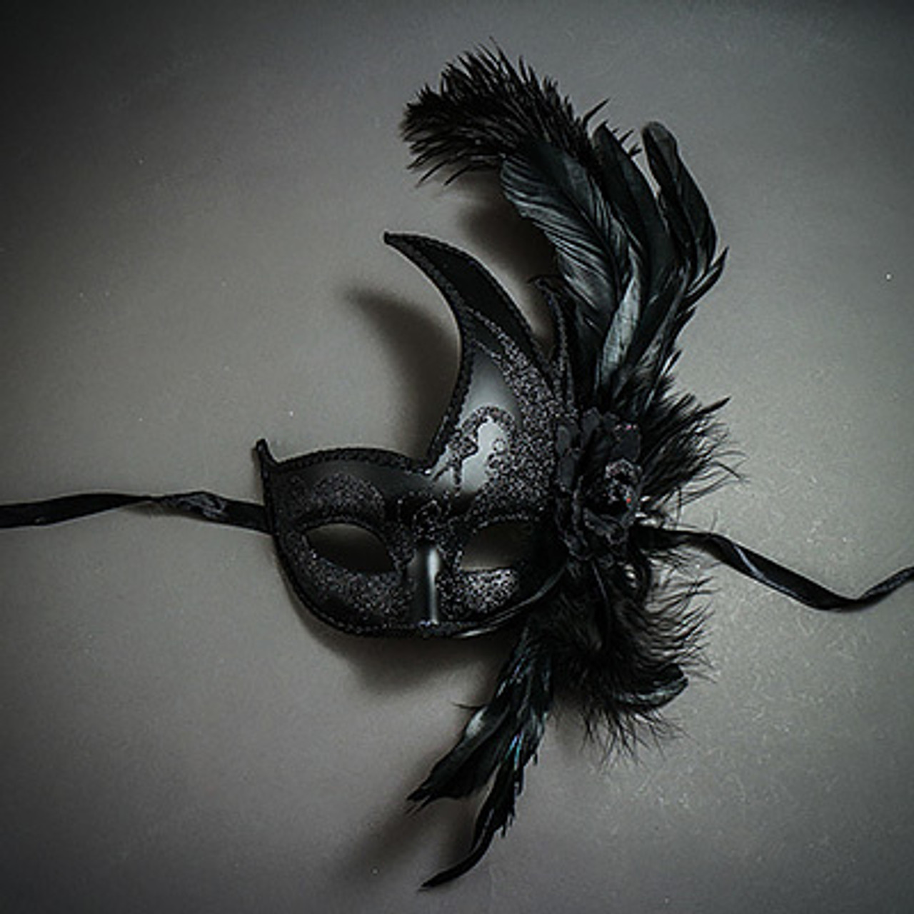 Mask with Side Flowers and Feathers with Detachable Stick