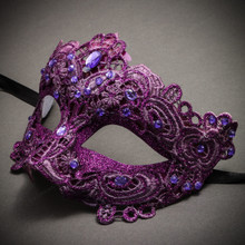 Lace Masquerade Mask Venetian Brocade Purple Crystals-Purple