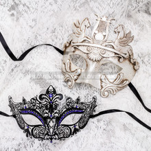 Silver Full Face Venetian Pegasus Horse and Black Blue Princess Mask for Couple