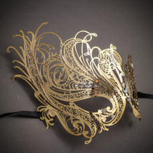 Beautiful Swan Metal Laser Cut Silver Stones Masquerade Mask - Gold