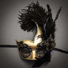 Venetian Half Moon Masquerade Feather Mask - Gold Black