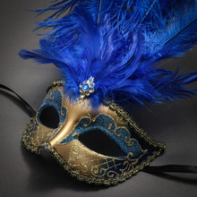 Venetian Glitter Crystal Masquerade Party Mask with Feather - Gold Blue