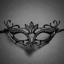 Laser Cut Metal Venetian Masquerade Silver Rhinestone Mask - Black