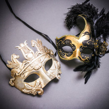 Silver Venetian Warrior Pegasus & Gold Black Side Feather Glitter Couple Masks Set