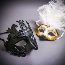 Black Roman Greek Emperor with Pegasus Horses & Gold Mardi Gras Eye Mask with Top White Feather Couple Masks Set
