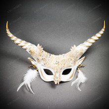 Krampus Horn Lace  Animal Devil Women Mask - White Gold