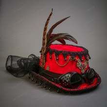 Steampunk Lady Top Hat with Goggles & Feather - Red