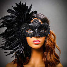 Luxury Venice Women Carnival Masquerade Venetian Mask with side Feather - Black (Female Model)