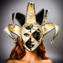 Jester Joker Venetian Masquerade Full Face Mask with Bells - Black White with Female Model