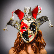 Medieval Jester Musical Joker Venetian Masquerade Full Face Mask with Bells - Red Black with female model