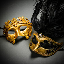 Roman Warrior Metallic Gold & Venetian Gold Mardi Gras Black Tall Feather Couple Masks