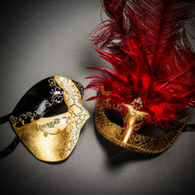 Phantom Half Face Musical Black Gold & Venetian Gold Mardi Gras Red Tall Feather Couple Masks