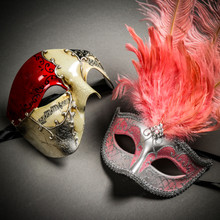 Phantom Full Face Musical Red Gold & Venetian Silver Mardi Gras Pink Tall Feather Couple Masks