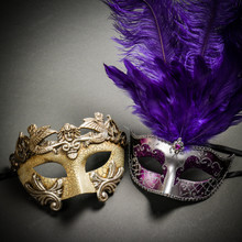 Roman Warrior Cracked White Silver & Venetian Silver Mardi Gras Black Purple Feather Couple Masks