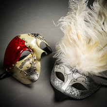 Phantom Full Face Musical Red Gold & Venetian Silver Mardi Gras White Tall Feather Couple Masks