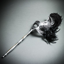 Venetian Side Feather Masquerade Mask with Stick - Silver Black (whole mask)