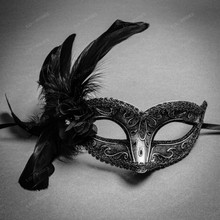 Crystal Glitter Venetian Women Feather Mask - Silver Black