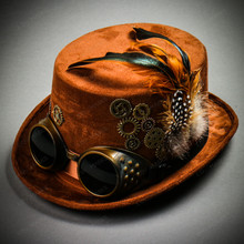 Steampunk Victorian Feather Vintage Top Hat with Goggles - Brown