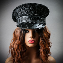 Steampunk Burning Man Spike Captain Hat Black with Female Model