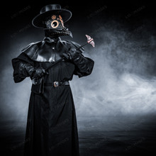 Plague Doctor with Steampunk Mask & Flat Hat Full Costume Set - Black Silver