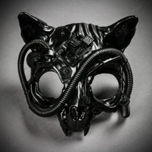 Vampire Cat Skull Steampunk Masquerade Mask - Black