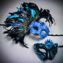 Blue Roman Greek Emperor & Side Peacock Feather Lace Couple Masquerade Masks