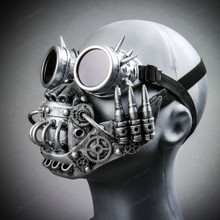 Steampunk Skull Jaw Face Mask with Spikes Goggles - Silver