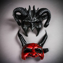 Devil Ram Horns Black with Bloody Red Goblin Devil Long Horns Halloween Masquerade Couple Masks