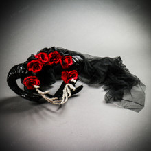 Gothic Red Floral Rose with Laces and Skeleton Hand Headband - Black