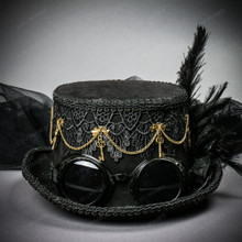 Steampunk Halloween Laces Feather Top Hat with Black Goggles - Black