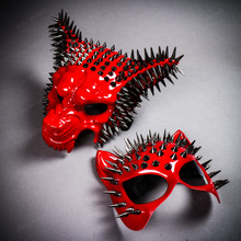 Angry Wolf and Wild Cat Glossy Red Spike Masquerade Party Couple Masks