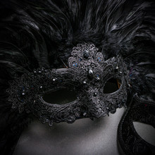 Venetian Classic Black Eye Mask and Laces Top Large Feather Masquerade Party Couple Masks