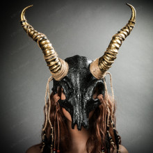 Antelope Devil Animal Skull with Gold Impala Horns Masquerade Mask - Black (Front view)