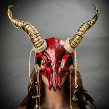 Antelope Devil Animal Skull with Gold Impala Horns Masquerade Mask - Bloody Red (Front View)