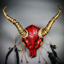 Antelope Devil Animal Skull with Gold Impala Horns Masquerade Mask - Bloody Red