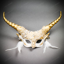 Krampus Gold Horn Lace  Animal Devil Women Mask - White