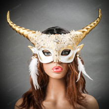 Krampus Gold Horn Lace  Animal Devil Women Mask - White (Front View)