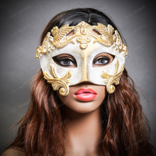 Roman Greek Emperor Masquerade Venetian Mask - White Gold (with model)