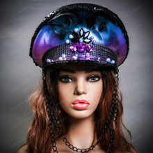 Steampunk Burning Man Rhinestones Feather Captain Cap - Purple Blue (model)