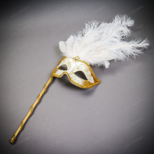 Venetian Glitter Crystal Masquerade Party Mask with Feather and Stick - White Gold (Stick)