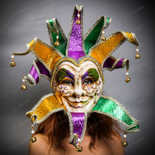 Mardi Gras Luxury Jester Crackle Joker Venetian Masquerade Mask - Purple Yellow Green (with model)