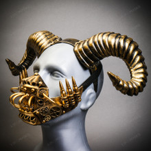 Gold Devil Ram Horn Headband w/ Mouth Cover Mask Hallween Party Costume