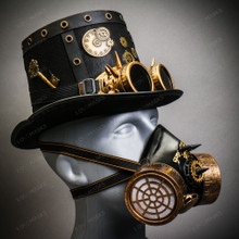 Black Steampunk Spike Goggle Top Hat w/ Gold Gas Mask Halloween Party Costume